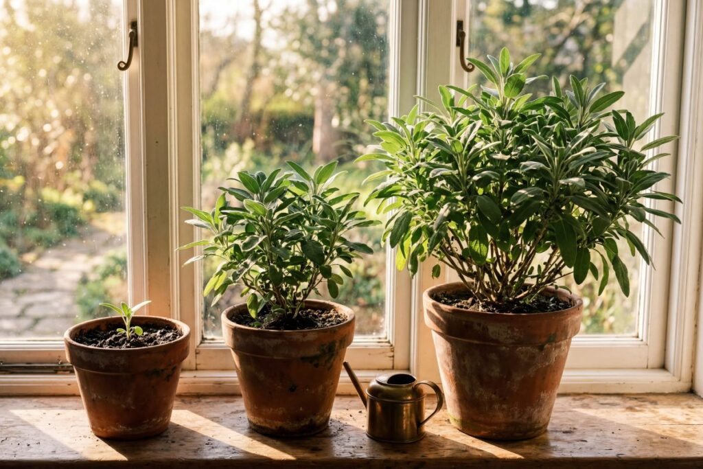 Three different sized plants in a window