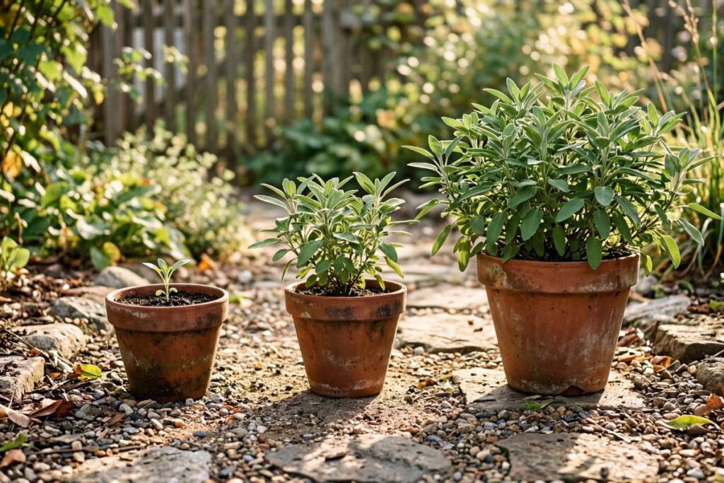 Three potted plants at different stages of growth