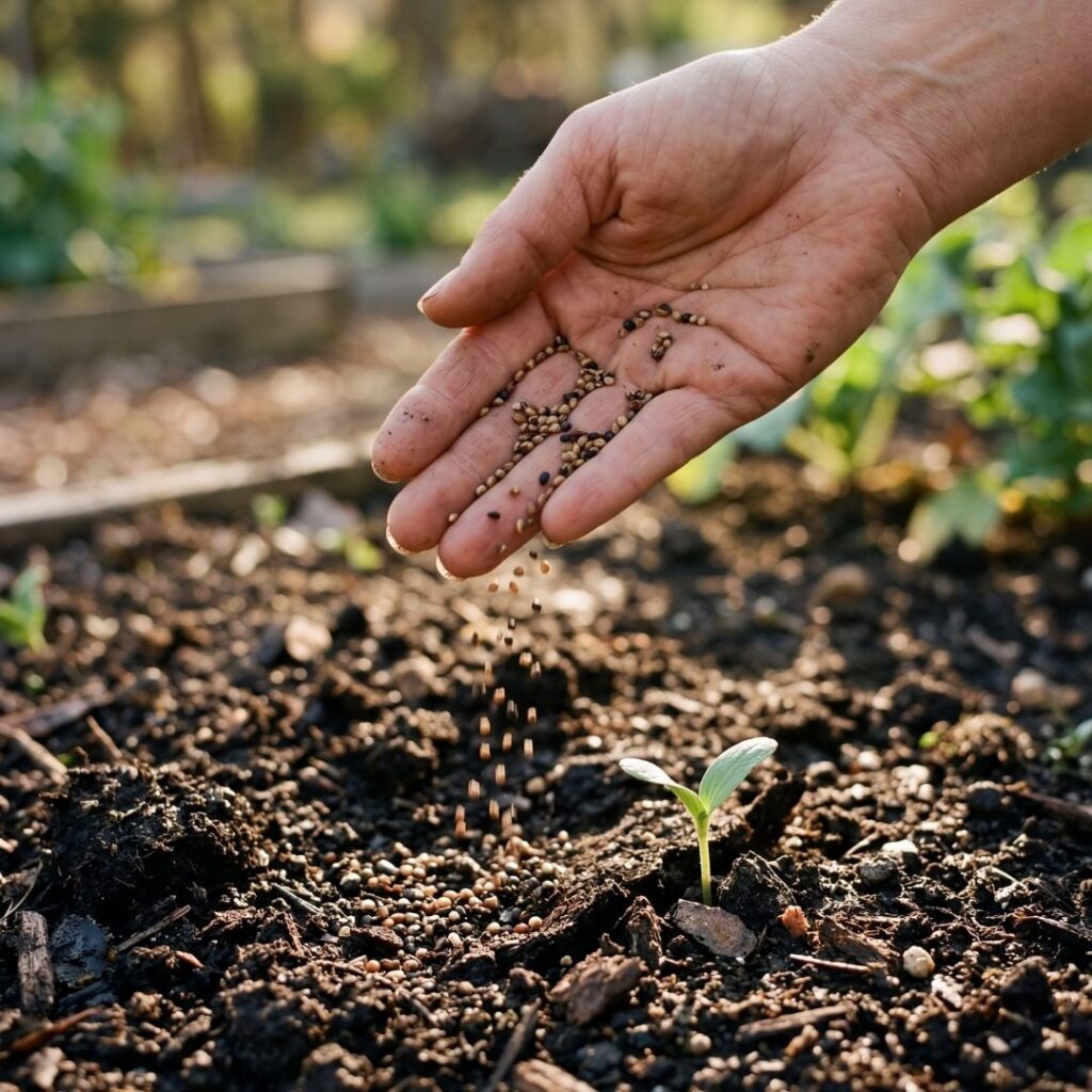 A hand planting tiny seeds into dirt with a sprout coming out