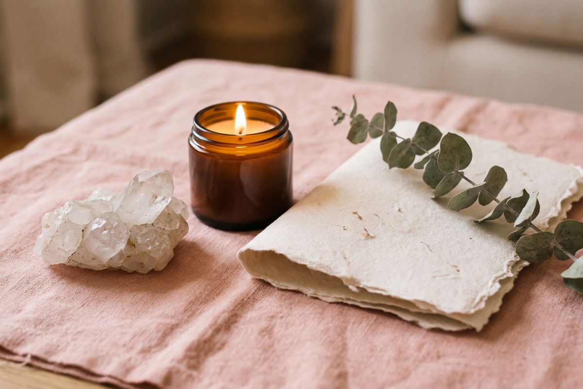 candle and crystals