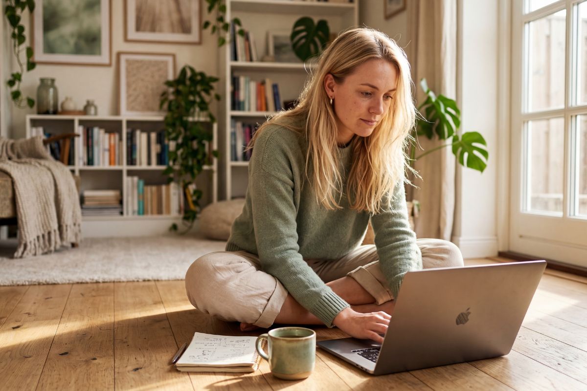 woman sitting on the floor in front of laptop