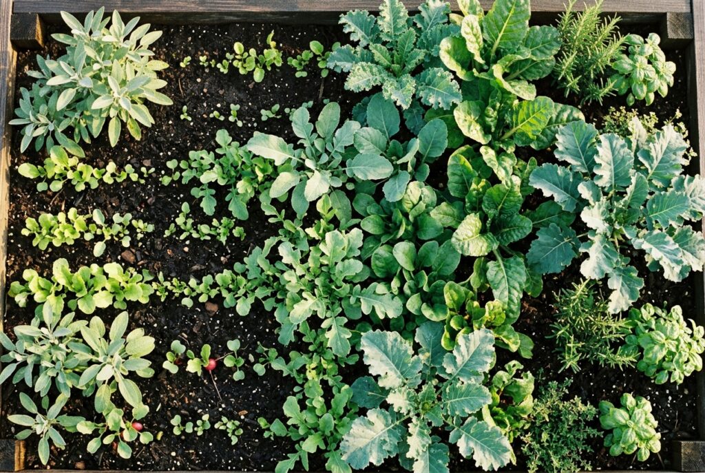 Overhead view of a lush garden with plants at different growth stages bathed in warm golden morning light.