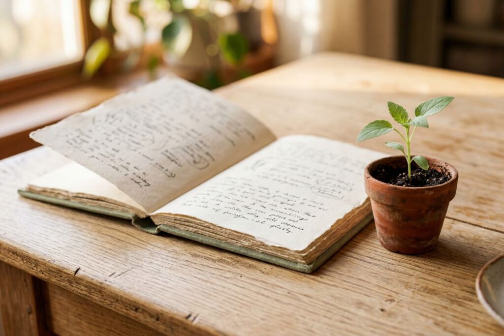 A journal open next to a sprouting plant