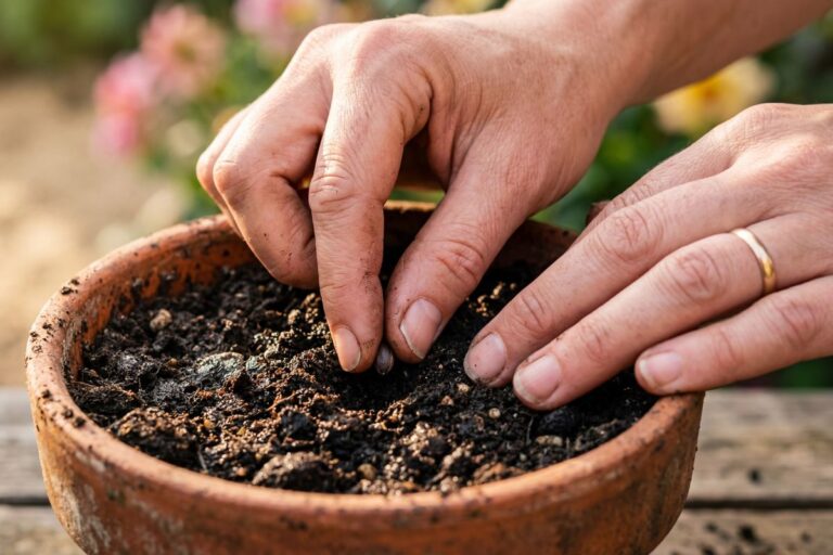 A hand pushing a seed into a pot of soil