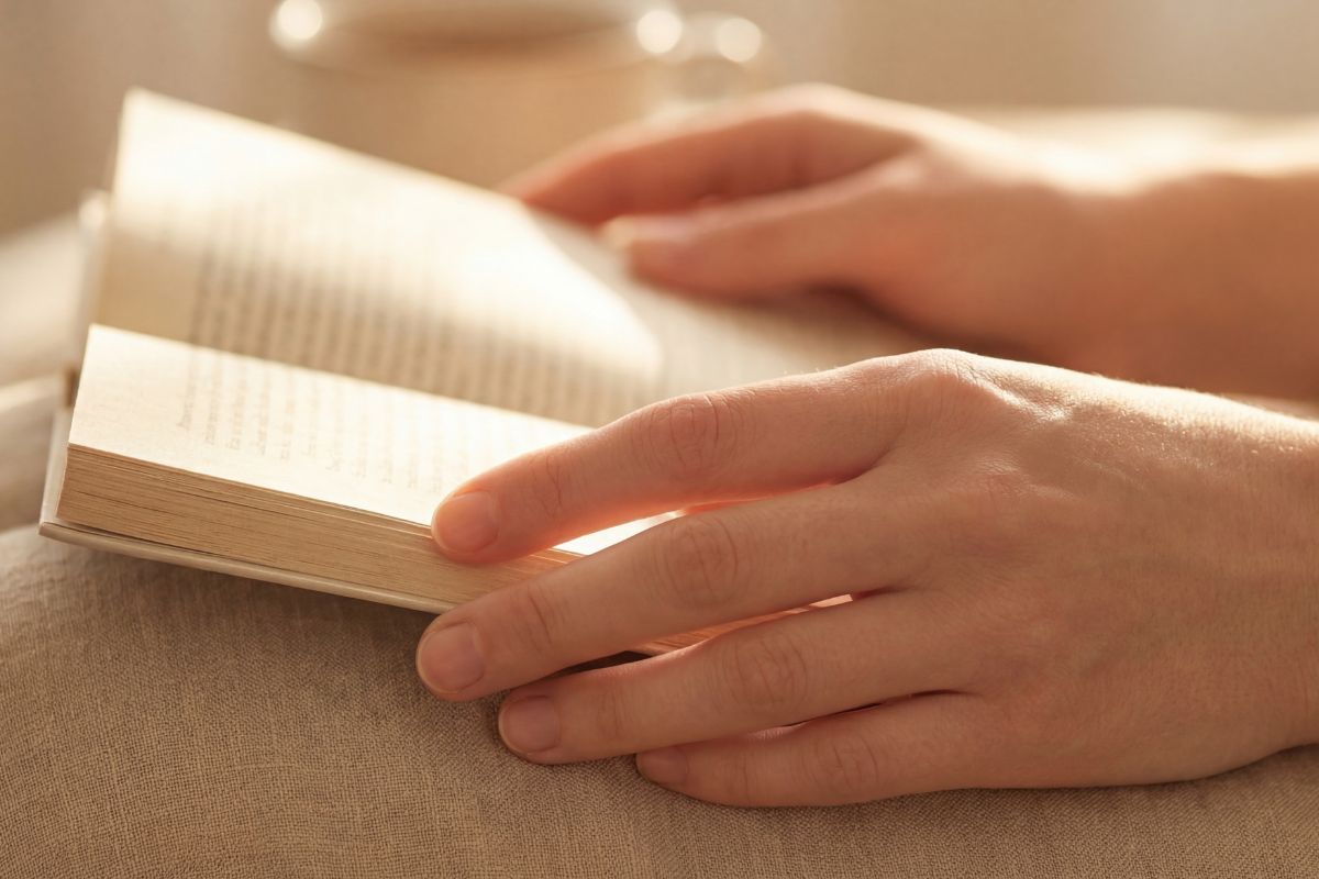 hands holding a book open