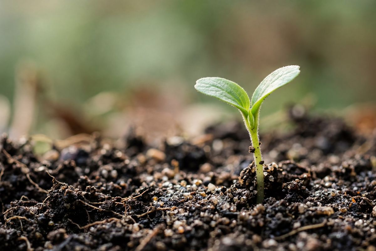 Single seedling sprouting out of soil