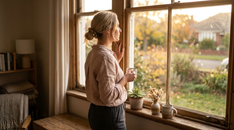 A blonde woman seen from behind looking out a sunlit window, calm and present in warm golden light.