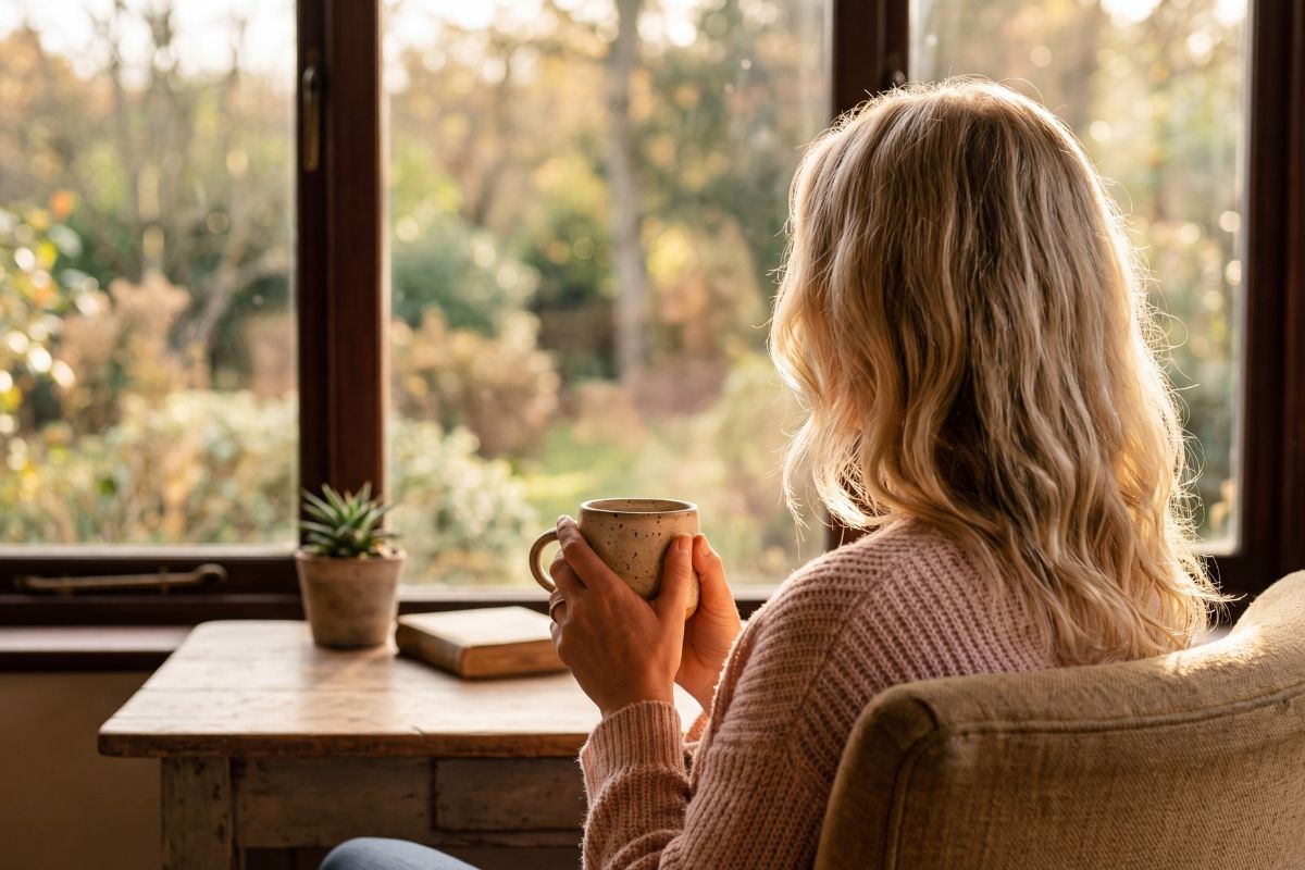 woman looking out a window while holding a mug