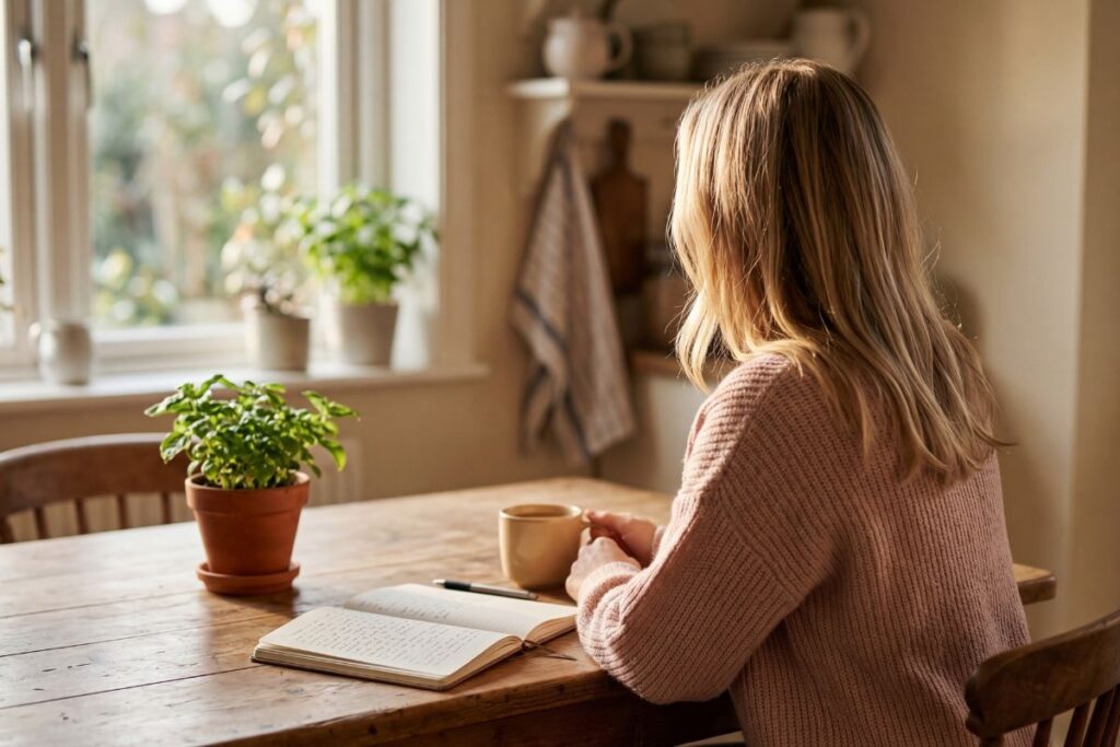 Woman at a table looking out the window