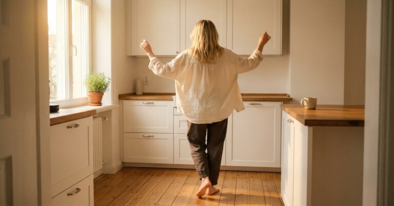 A blonde woman dancing alone in a sunlit room, arms loose and carefree in warm golden light.