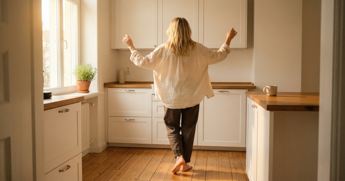 A blonde woman dancing alone in a sunlit room, arms loose and carefree in warm golden light.