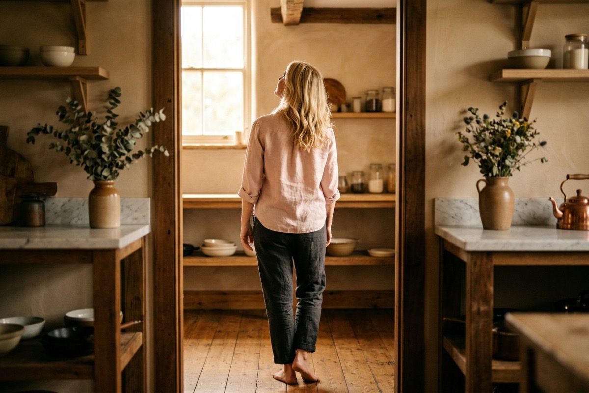 A blonde woman standing in profile in warm natural light with a calm and quietly confident expression.