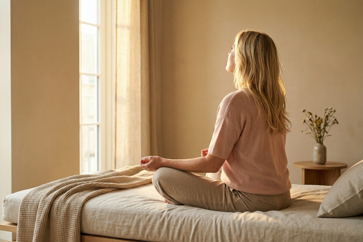 A blonde woman sitting relaxed from behind in warm window light, head tilted up with an open and easy posture.