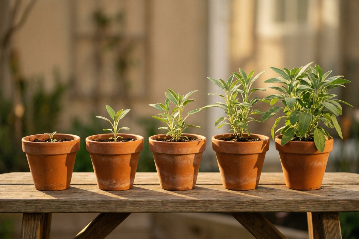 A row of plants in progressively taller stages of growth in warm golden light, from seedling to thriving.
