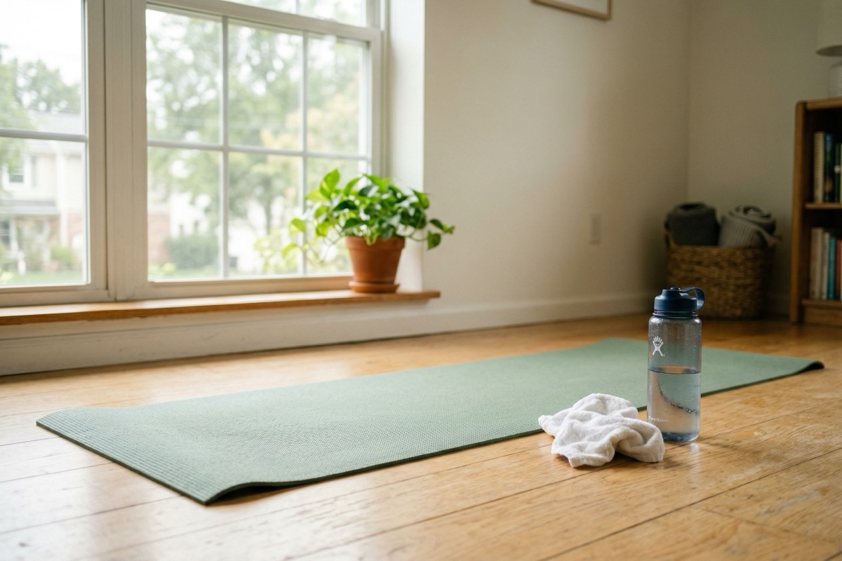 A Pilates mat rolled out in a bright airy space with natural light, a water bottle and towel beside it.