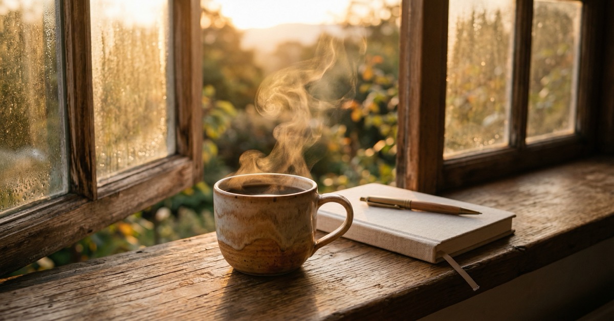 A steaming mug on a sunlit windowsill at sunrise beside a journal in warm golden morning light.