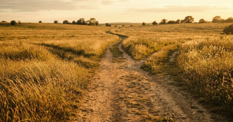 A winding dirt path through a golden field with smaller paths branching off in warm late afternoon light.