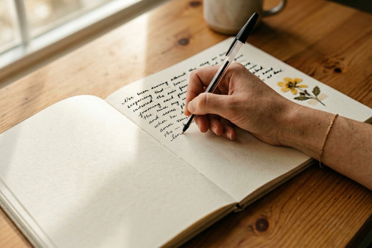 A hand writing in an open notebook in warm natural light with a small dried flower resting on the page.