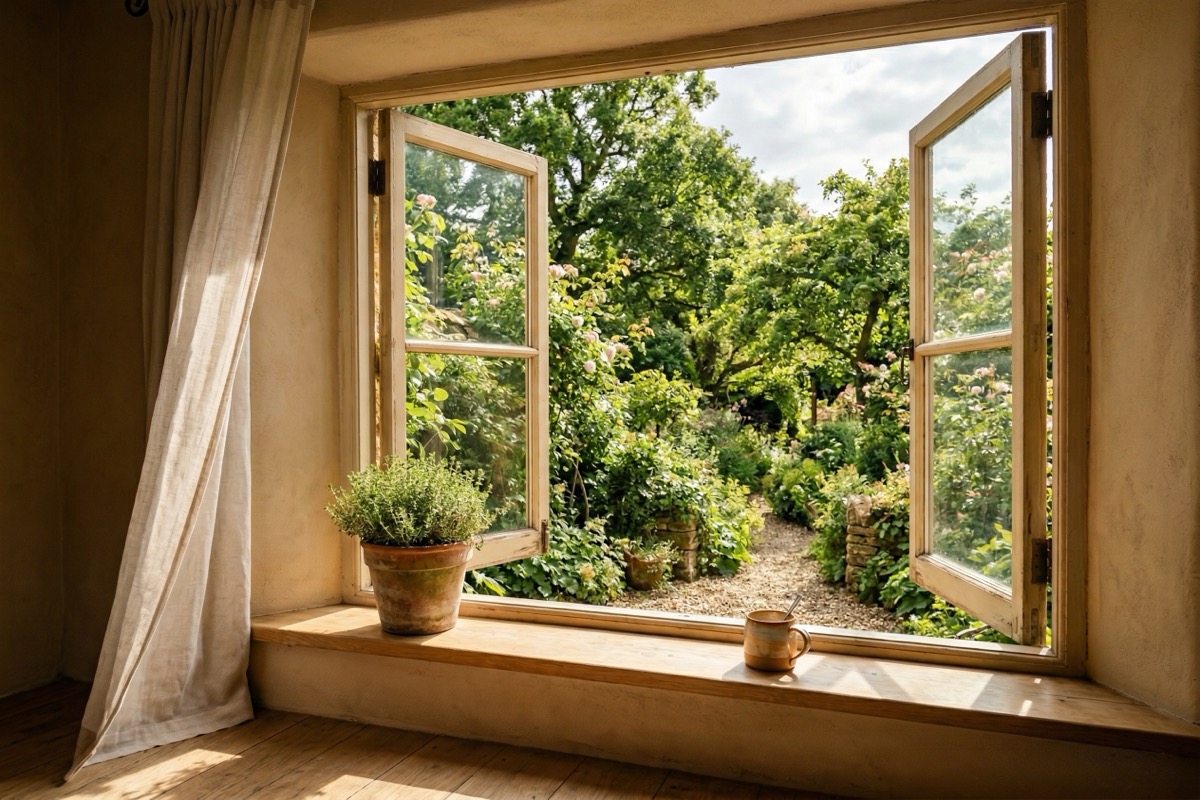 An open window looking out to lush greenery with a small plant and mug on the sill in warm golden light.