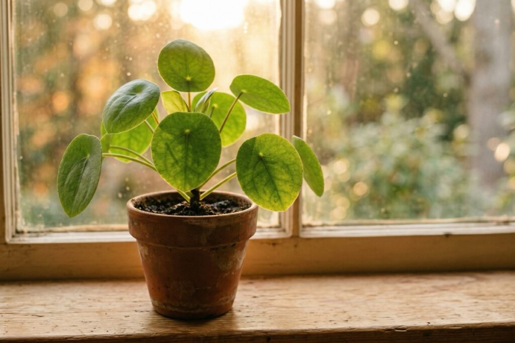 A healthy green plant on a sunlit windowsill bathed in warm golden light against a soft background.