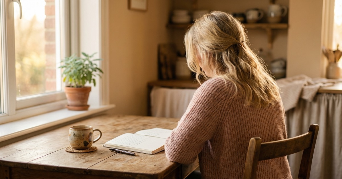 A blonde woman seen from behind writing in a journal at a sunlit table in warm golden light.