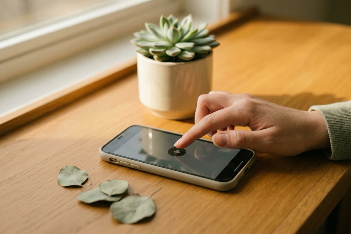 A hand pressing play on a phone beside a small plant on a warm wood surface in soft natural light.