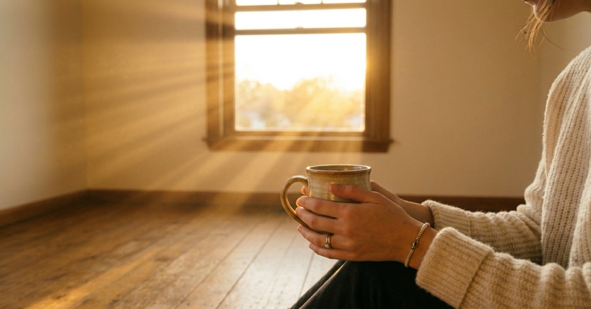 A blonde woman seen from behind holding a coffee mug at a sunlit desk with an open notebook beside her.