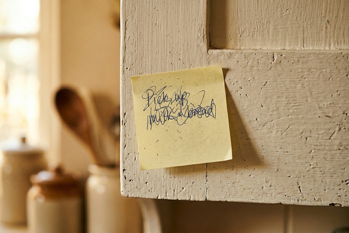 A sticky note with a short handwritten list and one item crossed off, a pen resting across the page in warm light.