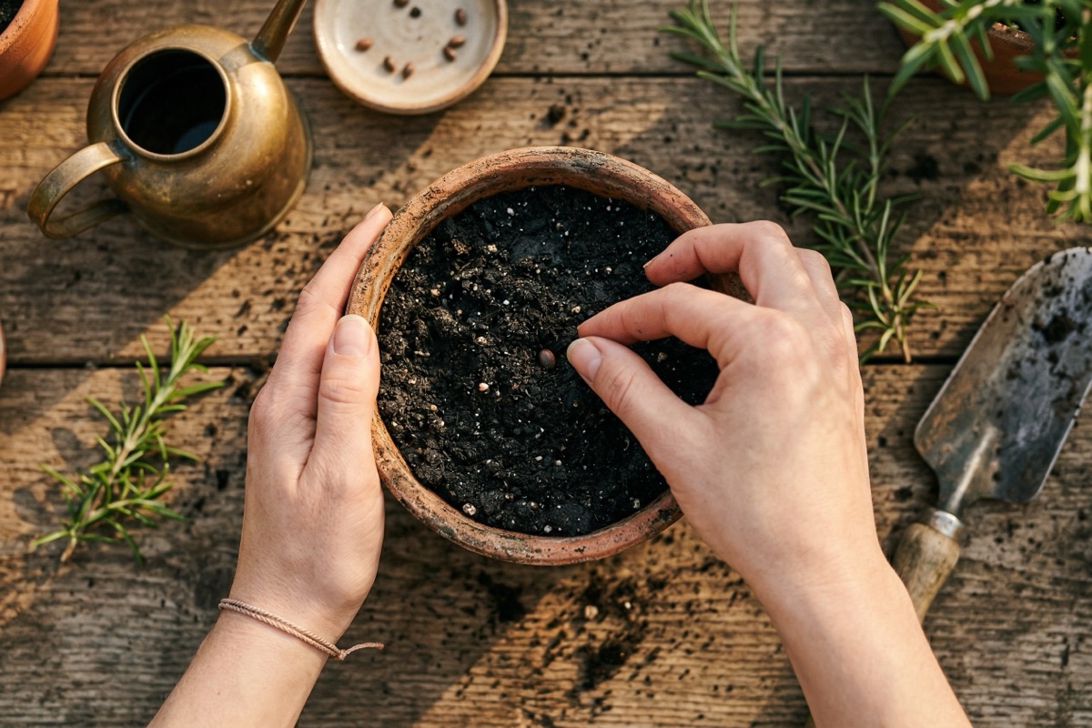 Hands pressing a seed into dark rich soil in a small pot in warm golden side light.
