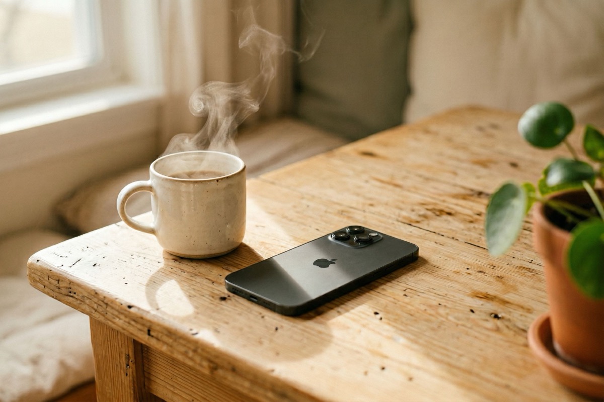 A phone placed face-down beside a steaming mug and small plant on a warm wood surface in natural light.
