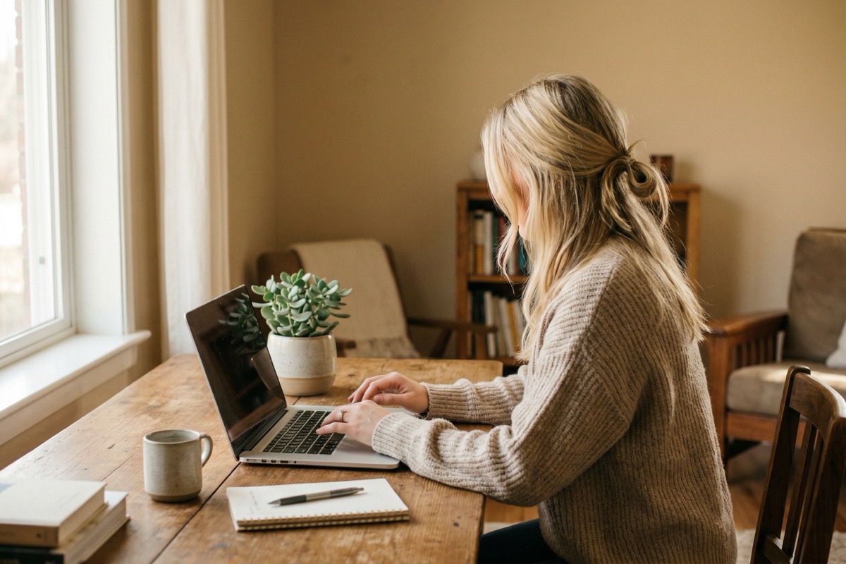 A blonde woman seen from behind at a sunlit desk with a laptop and small plant, leaning forward ready to begin.