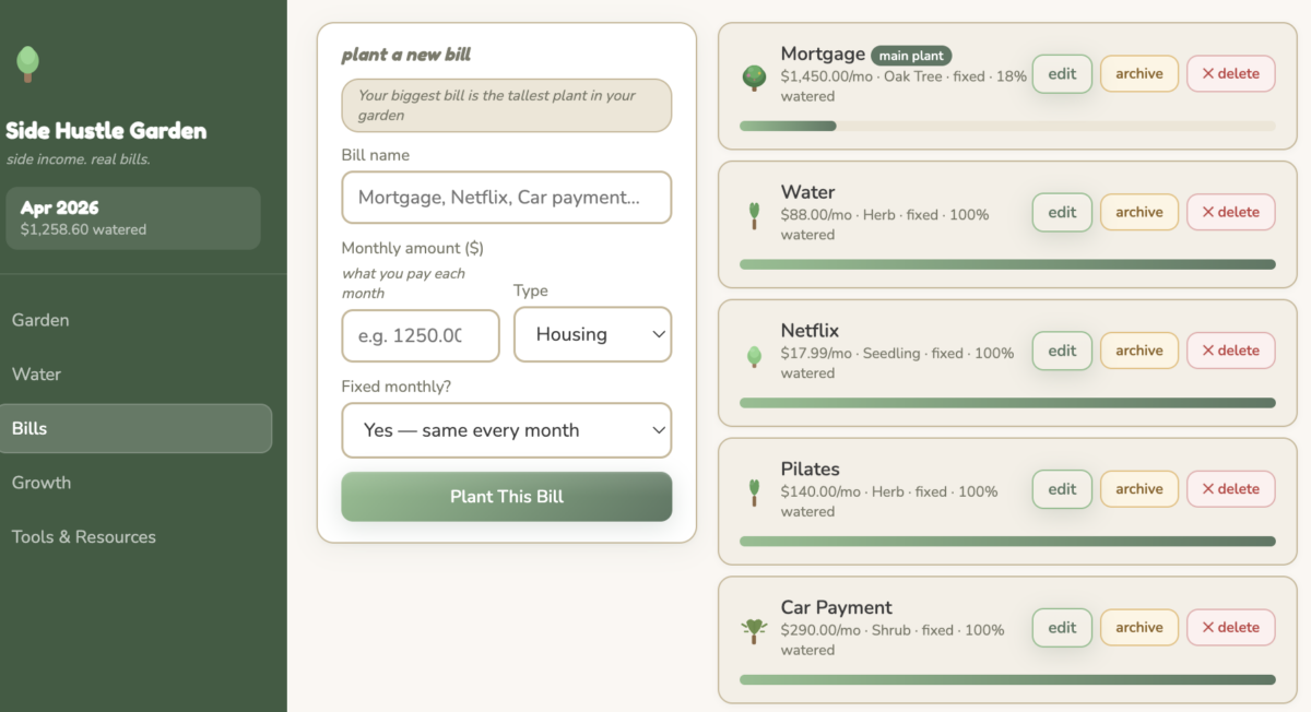 Bills entered on the Side Hustle Garden