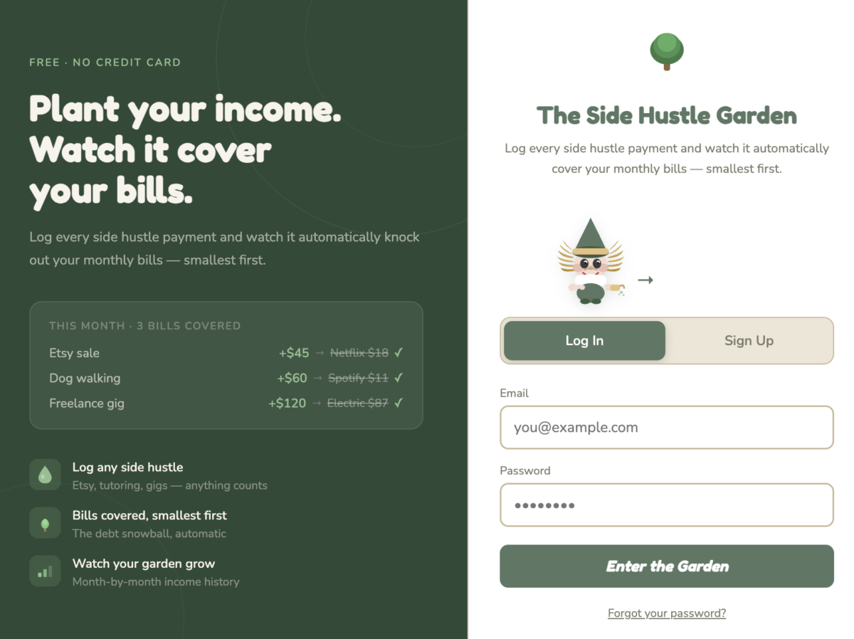 Side Hustle Garden sign up page
