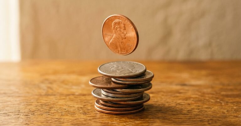 A single coin dropping onto a small growing stack on a warm wood surface in soft golden side light.