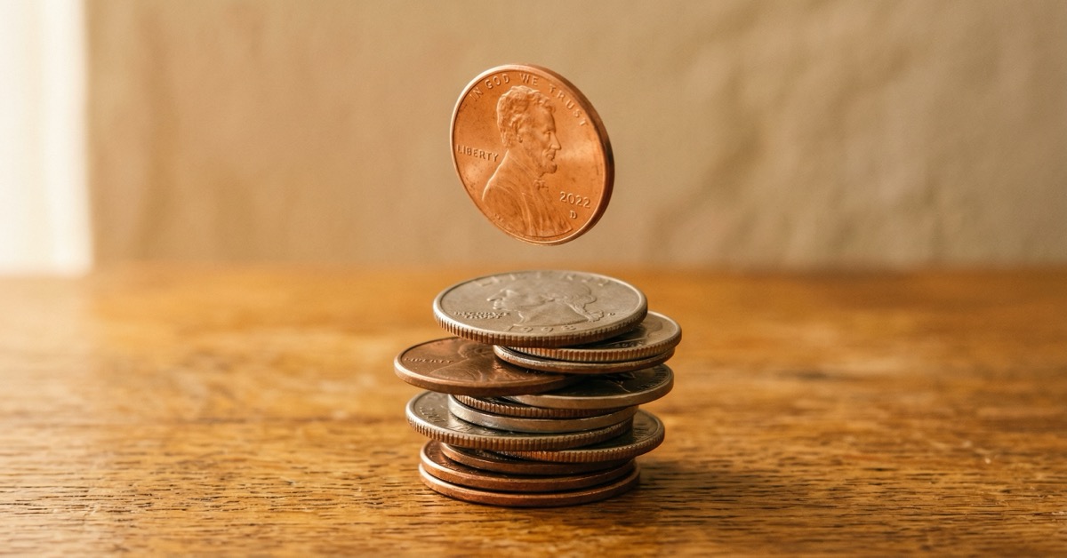 A single coin dropping onto a small growing stack on a warm wood surface in soft golden side light.