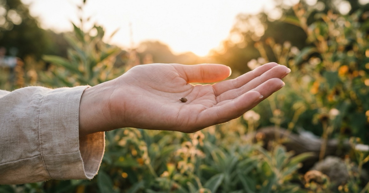 A single seed resting in an open palm in warm natural light, the moment before planting begins.