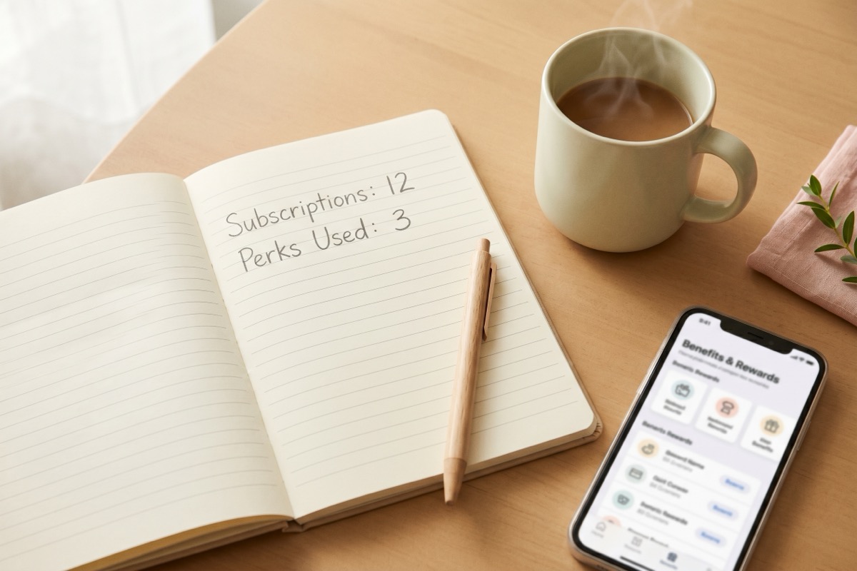 Flat-lay of an open notebook reading "Subscriptions: 12, Perks Used: 3" beside a coffee mug and a phone showing a softly out-of-focus benefits page.