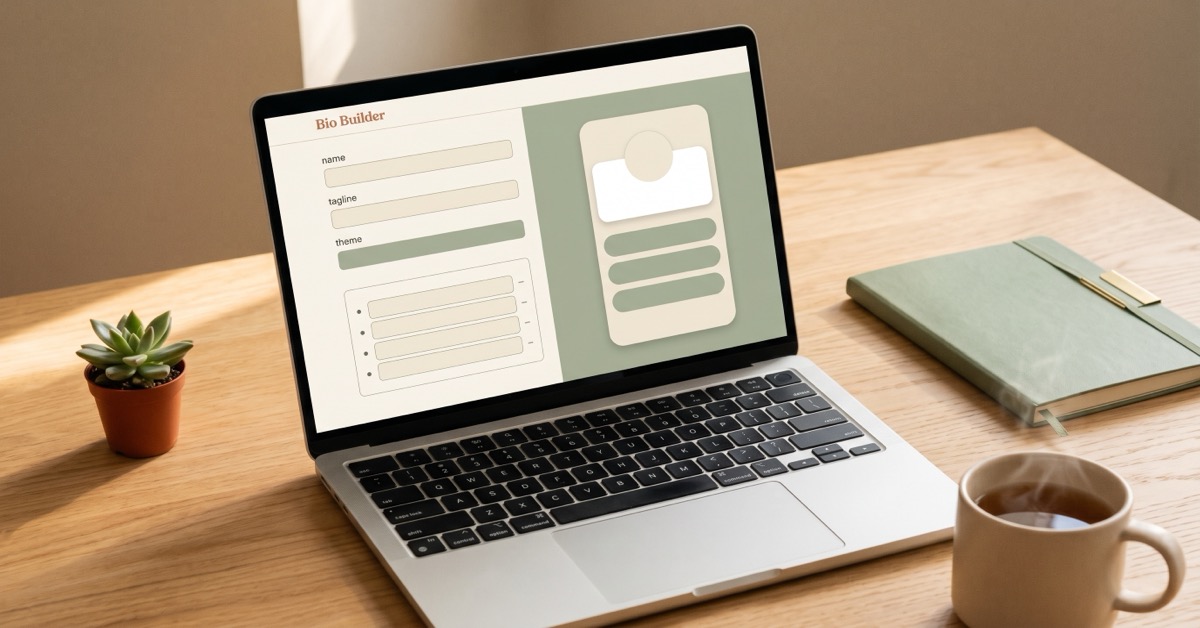 A laptop on a warm wooden desk showing the Bio Builder form on the left and a live preview of a finished link in bio page on the right.