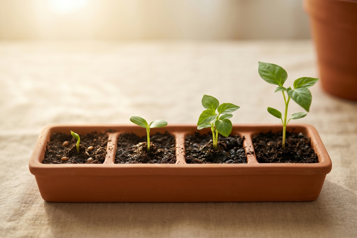 A small seedling tray with four young sprouts at four distinct growth stages, illustrating how a brain dump sorts into one seed to plant today, seeds to tend, seeds to notice, and what to set aside.