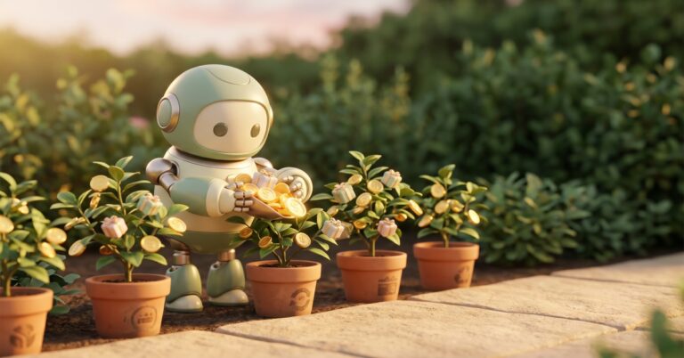 A friendly sage-green robot in a sunlit garden harvesting glowing golden coins and tiny gift boxes from a row of small plants in terracotta pots.