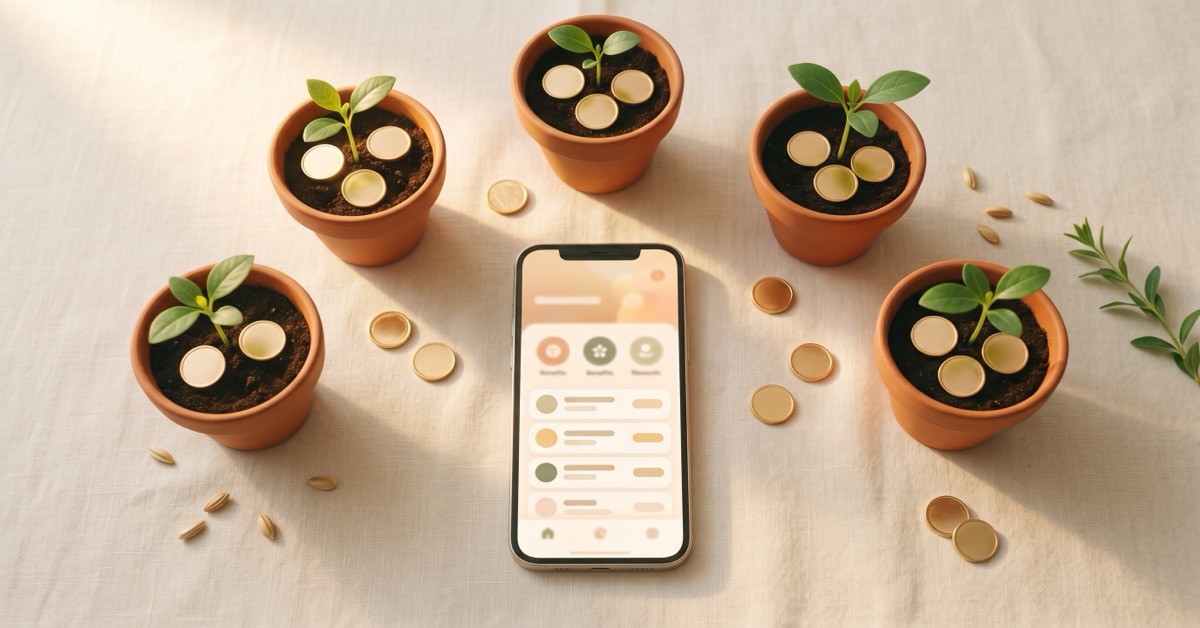 Overhead flat-lay on cream linen with a smartphone surrounded by small terracotta pots, each sprout cradling tiny golden coins like ripe fruit, with a few coins scattered nearby.
