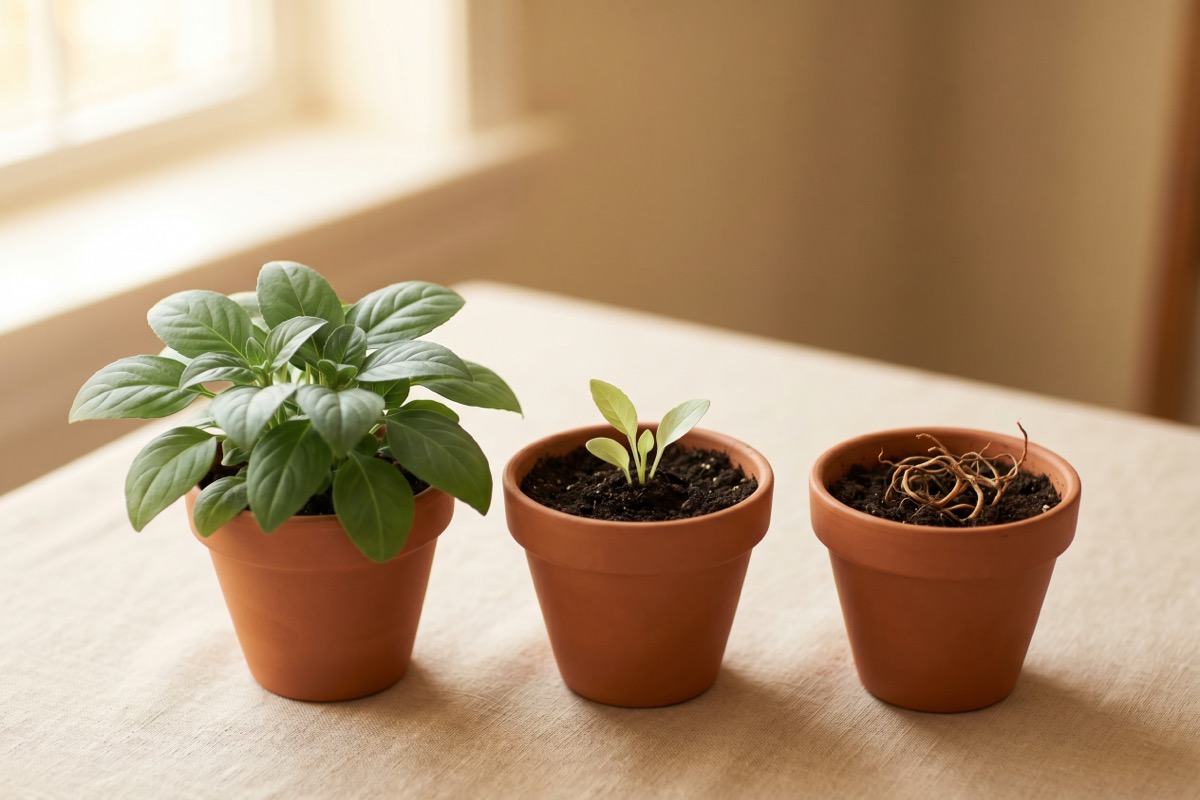 Three terracotta pots side by side, a flourishing plant, a young sprout just starting, and an empty pot with dried roots, illustrating Keep, Audit, and Cancel.