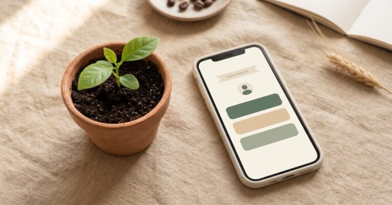 A small green seedling in a terracotta pot beside a smartphone showing a simple link in bio page, soft morning light on a linen tablecloth.