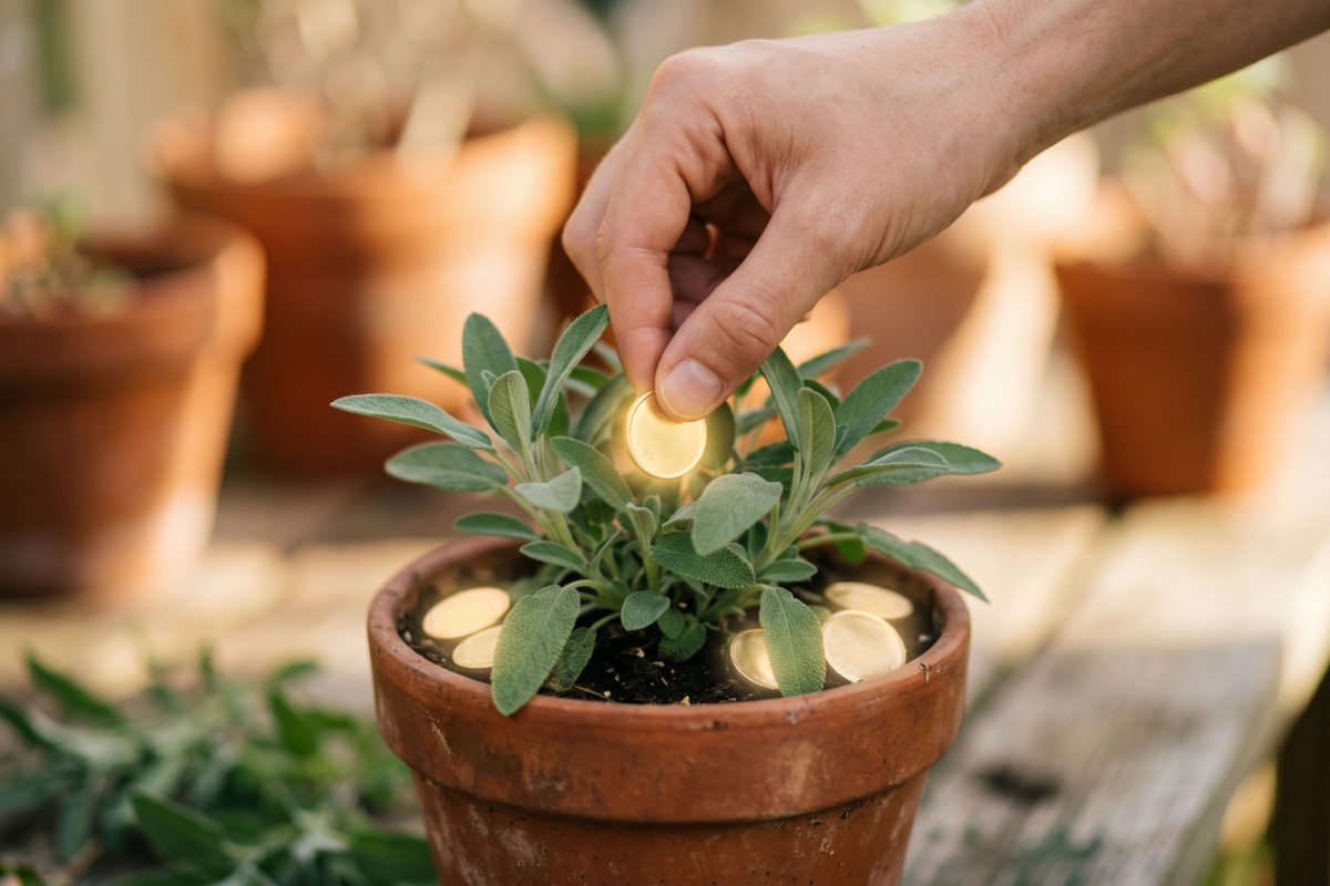 A hand reaching down to pluck a single glowing golden coin from a small sage-green plant in a terracotta pot, with soft blush and sand-colored pots blurred in the background.