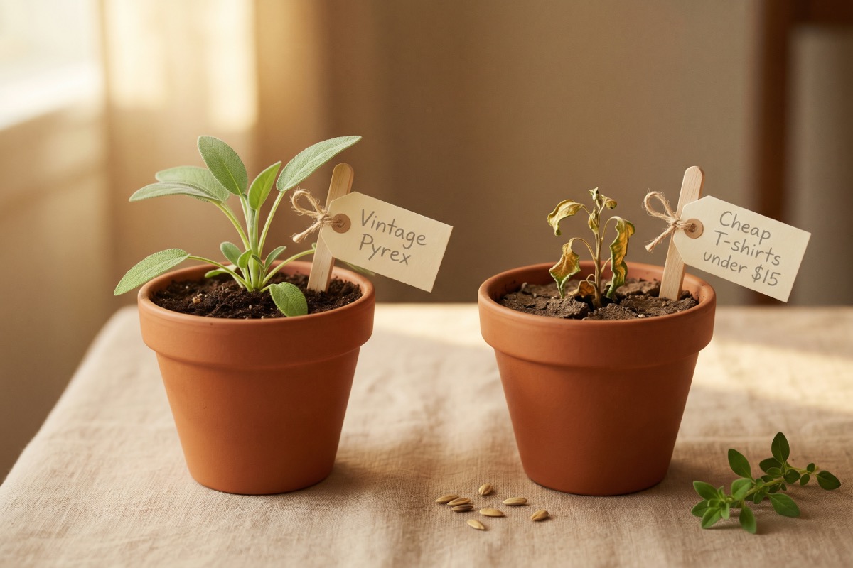 Two terracotta pots side by side, a thriving plant tagged "Vintage Pyrex" and a withered sprout tagged "Cheap T-shirts under $15," showing which reselling seeds are worth planting.