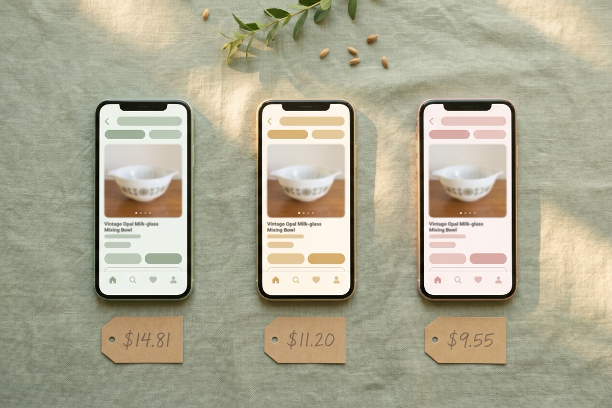 Three phones on sage linen showing the same vintage bowl listing across three reselling apps with different real-profit tags below each.
