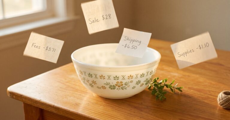 A vintage milk-glass mixing bowl on a wood table surrounded by floating handwritten receipt fragments showing sale, fees, shipping, and supplies as the real profit math.
