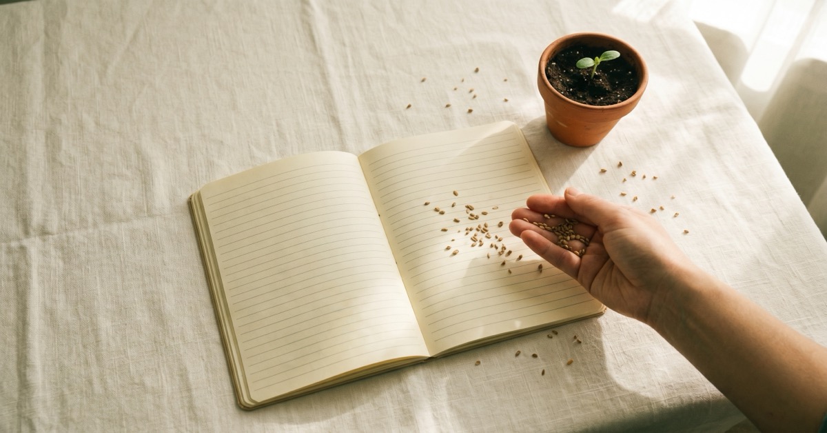 Overhead flat-lay of an open notebook on cream linen with a hand scattering small seeds across the page and a tiny terracotta sprout to one side.