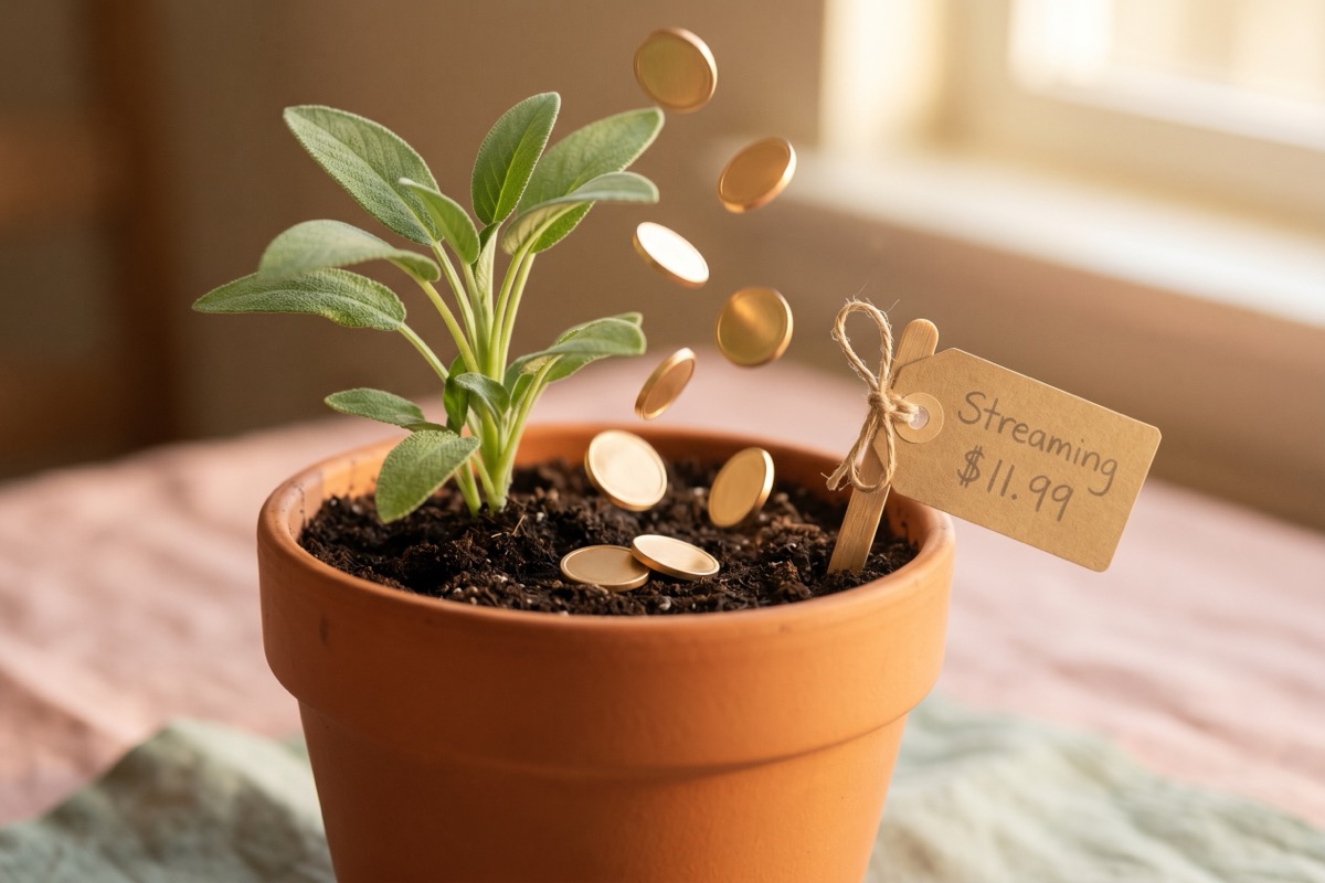 Close-up of a small potted plant tagged "Streaming $11.99" with golden coins falling gently into the soil around its base.