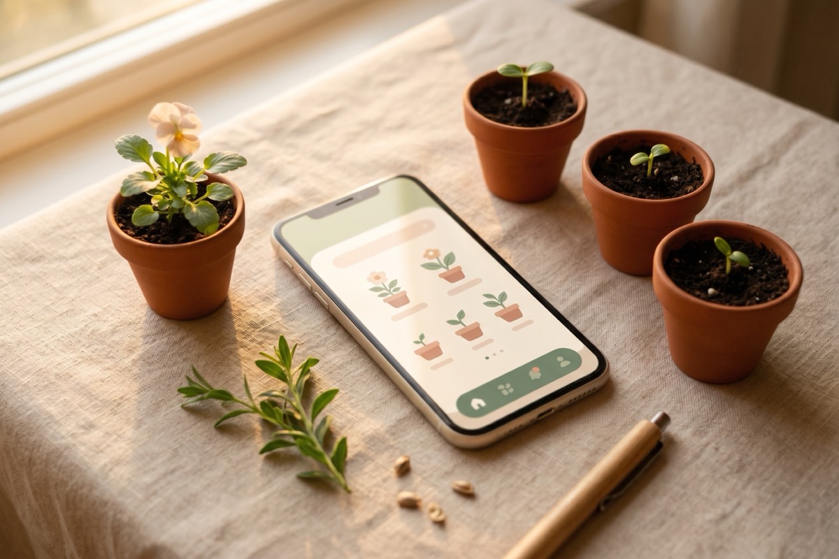 A phone on linen showing a cozy garden tracker app with one fully bloomed plant and three growing, with matching real terracotta pots arranged around it.